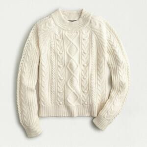 J. Crew Mock Neck Pom Pom Cable Knit Sweater White Medium Preppy Old Money